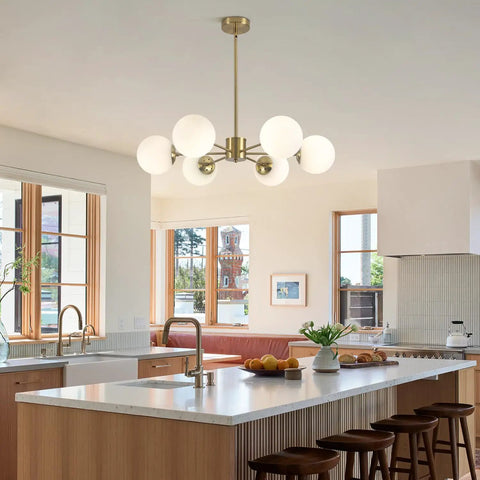 Gold Sputnik Chandelier With Six Milk Glass Globes Brass Flush Mount Ceiling Light For Kitchen And Dining Rooms Modern Mid Century Pendant Fixture White Globe Orbs With Warm Brass Glow And Easy Install