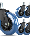 Premium Rubber Office Chair Wheels Replacement Set Of 5 Universal Fit For Gaming And Desk Chairs, blue polyurethane wheels close-up view.