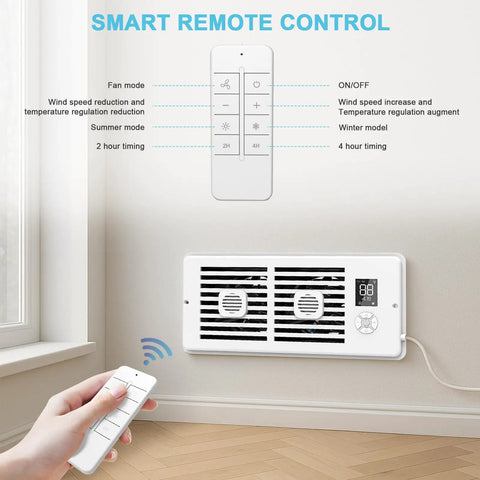 Register Booster Fan For 4x10 Vents, 10 Speeds, LED Screen Remote, Wall Installation, Thermostat Control Display