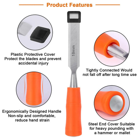 4 Piece Wood Chisel Set With Steel Hammer End And Ergonomic Plastic Handles For Woodworking Includes 6mm 12mm 18mm And 24mm Chisels Pro Grade And Handy For Carving Shaping And Craft Projects showing chisel features and handle details