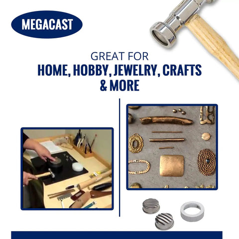 Heavy Duty Texturing Hammer With 9 Interchangeable Heads, polished wood handle, for jewelry making and metalworking tools.