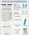 CORALMEE 6IN1 Balloon Arch Stand Kit contents: 17 main tubes, 4 auxiliary tubes, 2 white hex bases, pump, ropes, clips