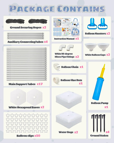 CORALMEE 6IN1 Balloon Arch Stand Kit contents: 17 main tubes, 4 auxiliary tubes, 2 white hex bases, pump, ropes, clips