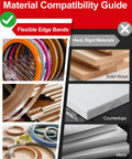Material compatibility guide for Legendary 3 In 1 Edge Banding Trimmer. Shows flexible PVC, veneer, and ABS edge bands.