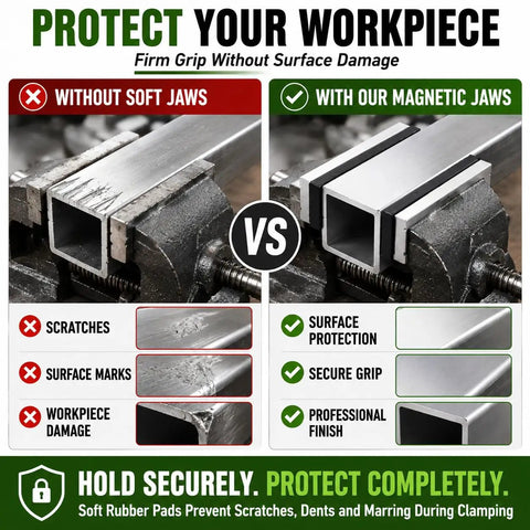 Comparison showing Heavy Duty 6 Pack 4 Inch Magnetic Bench Vise Soft Jaws Pads protect workpieces from scratches.