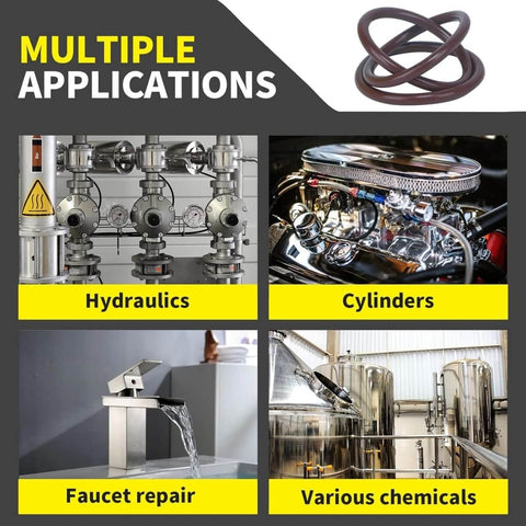 Image showing heavy duty fluorocarbon FKM O ring kit applications in hydraulics, cylinders, faucet repair, and chemical setups.
