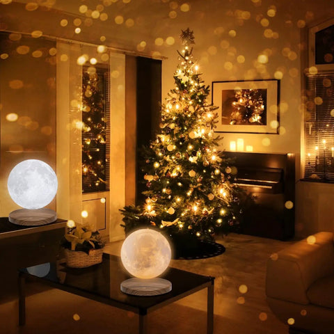 Magnetic Levitation Floating Moon Lamp With Base 360 Spin 3D Printed Moon Night Light 3 Color LED in cozy holiday setting