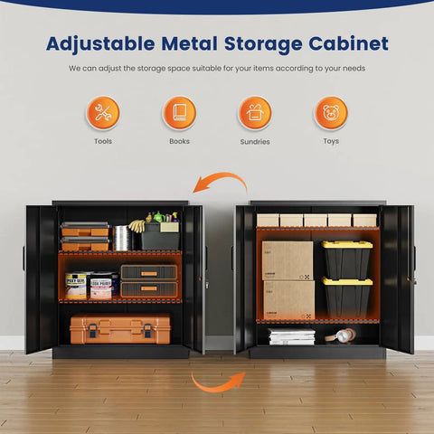 Heavy Duty Steel Garage Storage Cabinet With Two Doors And Adjustable Shelves Lockable File Counter Cabinet in use with various items.