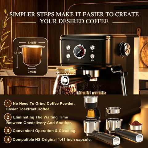 Next Level 20 Bar Espresso Machine With Silky Milk Frother And Heavy Duty Steam Wand 1100 Watt Compact Coffee Brewer Pulls Killer Aromatic Shots In Sleek Black Finish For Your Kitchen Setup with illustrated coffee extraction steps.