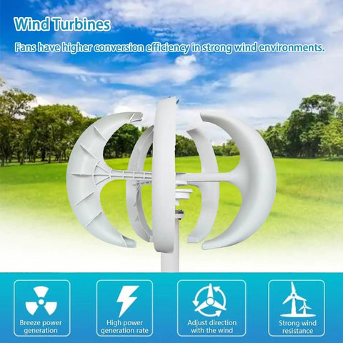 Side view of a Vertical Axis Wind Turbine Kit With Five Blades, 16000W Peak Output, 12V/24V/48V Systems in an open field.