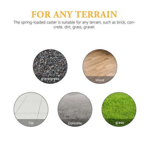 Image showing surfaces like gravel, wood, tile, concrete, and grass for Heavy Duty Gate Caster Set With Spring Loaded Shock Absorbing Wheel