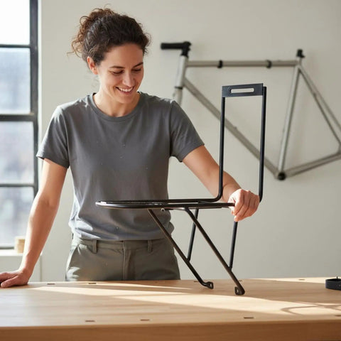 Person assembling Front Fork Cargo Rack For Bikes: Go-To Gear For Bikepackers And Commuters, Fits 34-40mm Forks, Steel Construction.