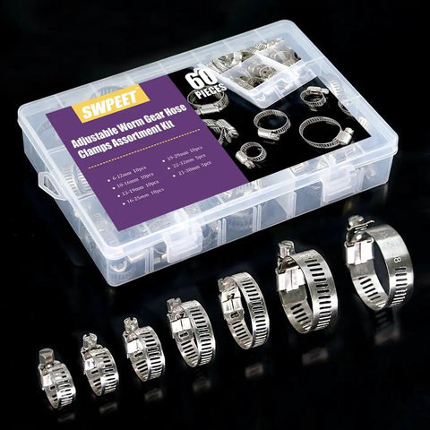 60 Piece Hose Clamp Kit In 6-38mm Range, 304 stainless steel worm gear clamps in clear plastic organizer case