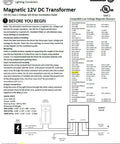 Installation guide for magnetic 12V DC transformer, showing wiring diagram and compatible dimmers for LED lighting setup.
