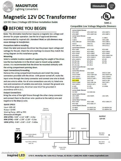 Installation guide for magnetic 12V DC transformer, showing wiring diagram and compatible dimmers for LED lighting setup.