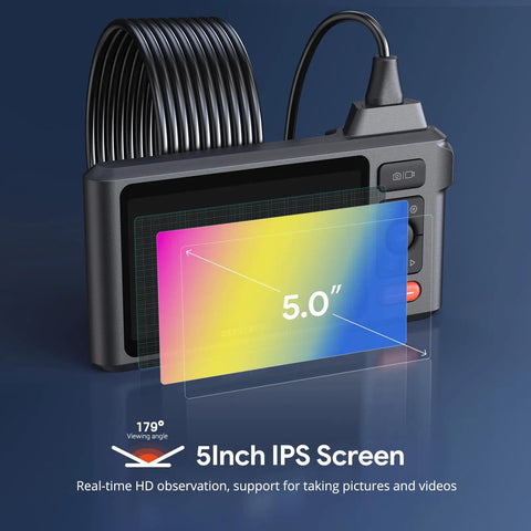 5 inch IPS screen of 50 Foot Sewer Inspection Camera With Dual Lens Endoscope And Lights 1080P 5 Inch IPS Screen Split Screen View IP67 Waterproof 7.9mm Snake Scope DIY Ready For Wall Drains And Auto Repairs