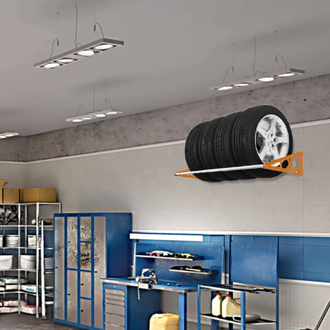Wall Mount Tire Rack With Adjustable 31 To 56 Inch Range, Heavy Duty Steel Telescopic Rods, 400 Pound Capacity, Orange installed