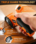 WorkNeon 4V Cordless Electric Scissors Rechargeable Cutter With Two Blades Cuts Cardboard Corrugated Boxes shown with safety features.