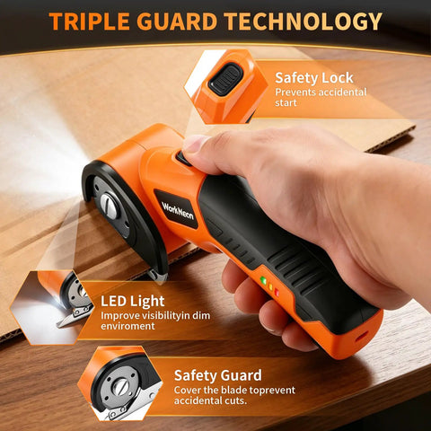 WorkNeon 4V Cordless Electric Scissors Rechargeable Cutter With Two Blades Cuts Cardboard Corrugated Boxes shown with safety features.