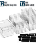 Bulk Clear Storage Bins Set Of 12 With Durable Handles And Blank Labels stacked, showing transparent plastic bins and black labels.
