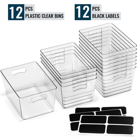 Bulk Clear Storage Bins Set Of 12 With Durable Handles And Blank Labels stacked, showing transparent plastic bins and black labels.