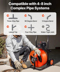 Professional Auto Feed Drain Cleaner Machine 100 Feet Sewer Snake Auger in use with compatible pipe fittings for clogs.