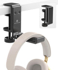 Under Desk Headphone Stand With Foldable Arm Space Saving Aluminum Headset Hanger For Gaming Headphones Desk Clamp Fits Desks Up To 50mm Thick Or Slim 5mm Mounts Flat Against Wall When Not In Use Universal Fit Black attached to desk with headphones hanging