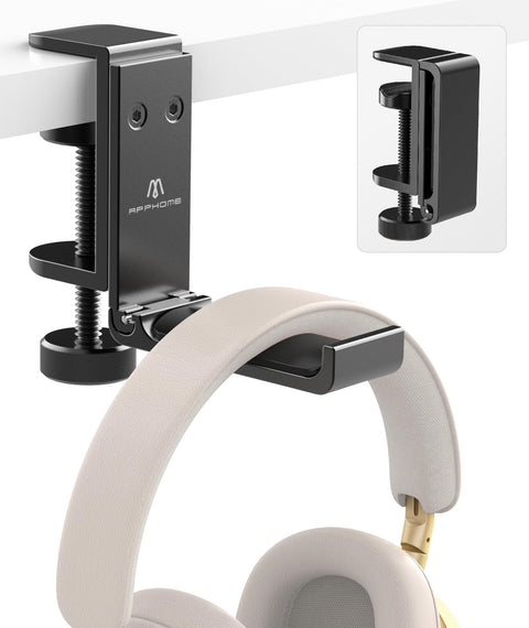 Under Desk Headphone Stand With Foldable Arm Space Saving Aluminum Headset Hanger For Gaming Headphones Desk Clamp Fits Desks Up To 50mm Thick Or Slim 5mm Mounts Flat Against Wall When Not In Use Universal Fit Black attached to desk with headphones hanging