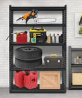 Commercial Grade Five Tier Steel Shelving Unit With Fully Adjustable Heights Rock Solid Workhorse For Warehouse And Garage Setup 2500 Lb Capacity holding tools, tires, and storage containers.