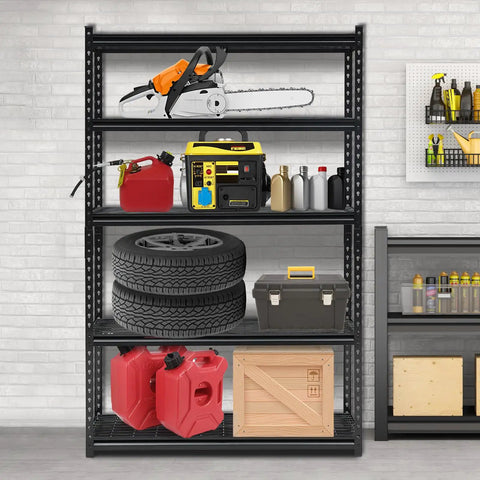Commercial Grade Five Tier Steel Shelving Unit With Fully Adjustable Heights Rock Solid Workhorse For Warehouse And Garage Setup 2500 Lb Capacity holding tools, tires, and storage containers.