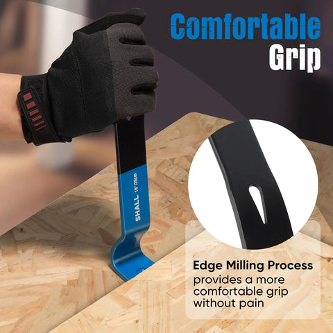 Gloved hand using a Four-Piece Flat Pry Bar Set With 5.5 Inch Mini Bar, 7.5 Inch Nail Puller, 10 Inch Crowbar, And 15 Inch Heavy-Duty Utility Bar High-Carbon Steel Claw Tools For Home Remodel And Woodworking on wooden surface