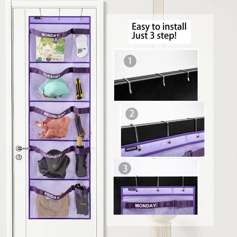 Weekly Kids Closet Hanging Organizer For Monday Through Friday Outfits Purple Thick Nonwoven Bag With Clear Window Panels Straight Up Simple Back To School Wardrobe Storage Hack