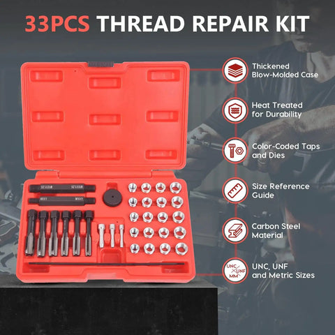Glow Plug Thread Repair Kit 33 Piece Metric Rethreading Tool Set for Cylinder Head Fits 8mm 10mm 12mm Glow Plug Holes in open case