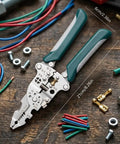 Foldable Multifunctional Wire Stripper And Pliers Set With Crimper And Side Cutter on wooden surface with wires