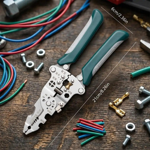 Foldable Multifunctional Wire Stripper And Pliers Set With Crimper And Side Cutter on wooden surface with wires