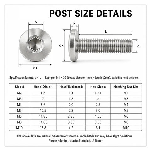 Badass Hex Socket Binding Post Bolts with Barrel Nuts Furniture Connector Fasteners made of 304 Stainless Steel 40 mm dimensions details