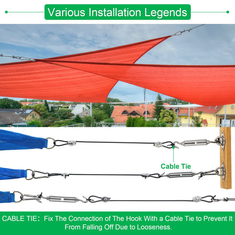 Sun Shade Sail Hardware Kit With 4 Pack 10ft Extension Nylon Wire Rope And 304 Stainless Steel Fittings For Triangle Or Rectangle Shade