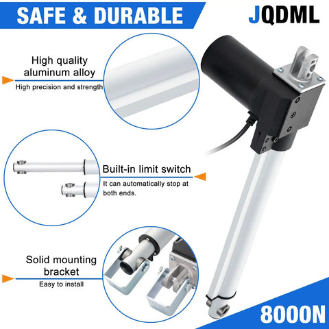 Diagram showing features of Beefy Heavy Duty 12 Inch Stroke Linear Actuator 8000N 1700lbs, 12V DC, aluminum housing, mounting brackets.