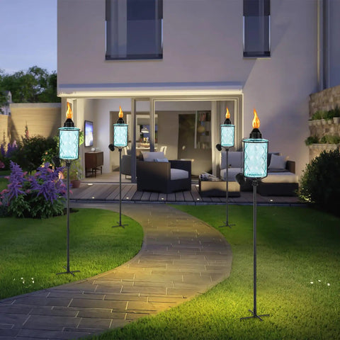 Set Of Four Glass Garden Torches For Backyard And Outdoors 12 Oz Citronella Torches With 61 Inch Height And Five Prong Grounded Stake