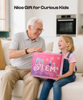 Six In One STEM Kit For Kids Aged 8 To 12 With Six Colorful Projects Fiber Optic Light Graffiti Robot Starlight Music Box Windmill And Ferris Wheel Super Cool For Builders Battery Not Included, girl holding pink STEM kit box