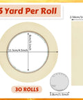 Diagram showing dimensions of 30 Rolls Masking Tape Bulk 55 Yards Each. Tape diameter 11.5cm, width 1 inch, with quarter for scale.