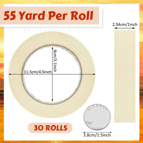 Diagram showing dimensions of 30 Rolls Masking Tape Bulk 55 Yards Each. Tape diameter 11.5cm, width 1 inch, with quarter for scale.