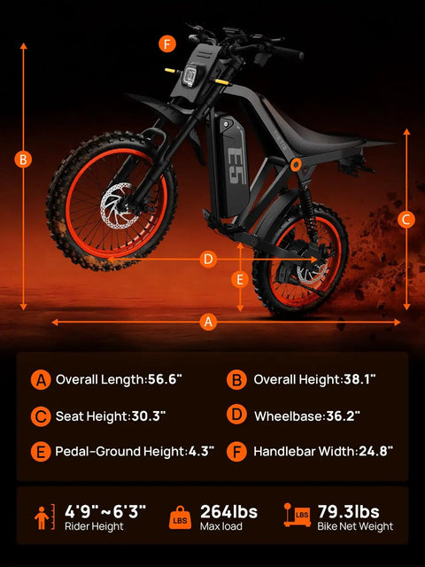 Beast 1500W Electric Dirt Bike With 48V 20Ah Battery, displayed with dimensions and specifications on red background.