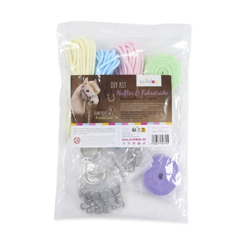 DIY Hobby Horse Halter Kit with pastel ropes and snap hooks for creating head collars and reins, includes PDF instructions.