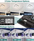 LED Canopy Light 100W Square 10x10 Inches, Gas Station Style with Triple Wattage Options 100/80/60W, shown with 3CCT settings.