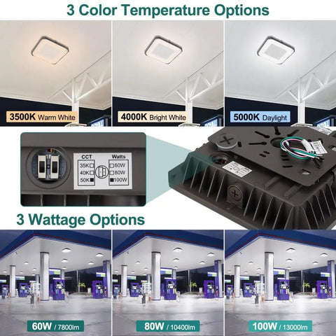 LED Canopy Light 100W Square 10x10 Inches, Gas Station Style with Triple Wattage Options 100/80/60W, shown with 3CCT settings.