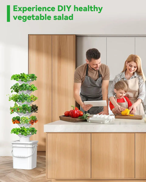 Family using Vertical Hydroponics Garden Tower Kit With Six Levels And 36 Pods for indoor growing in kitchen.
