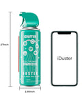 Disposable Compressed Air Duster for Computers and Keyboards, 10 Oz, next to smartphone, with dimensions shown