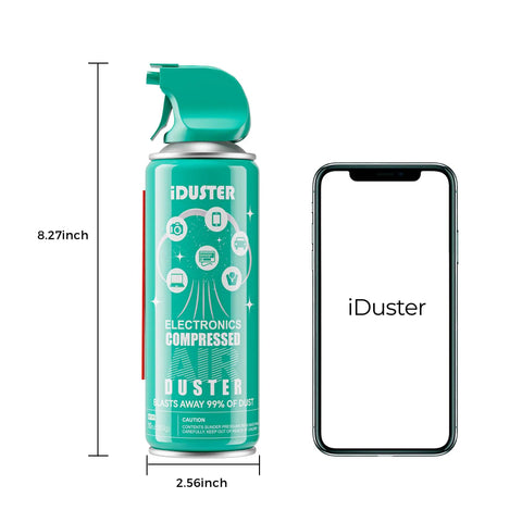 Disposable Compressed Air Duster for Computers and Keyboards, 10 Oz, next to smartphone, with dimensions shown