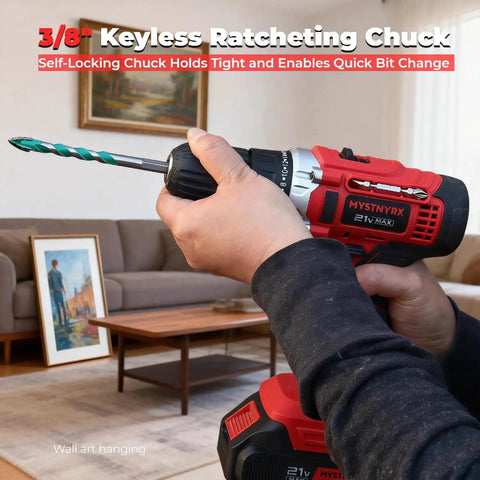 Person using Powerhouse 21V Max Cordless Drill Driver Kit With Dual Batteries And Fast Charger 26 Accessories in living room.